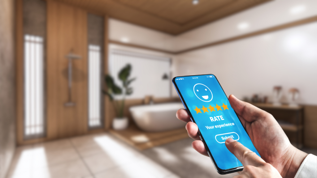  A person writing a review on a smartphone.