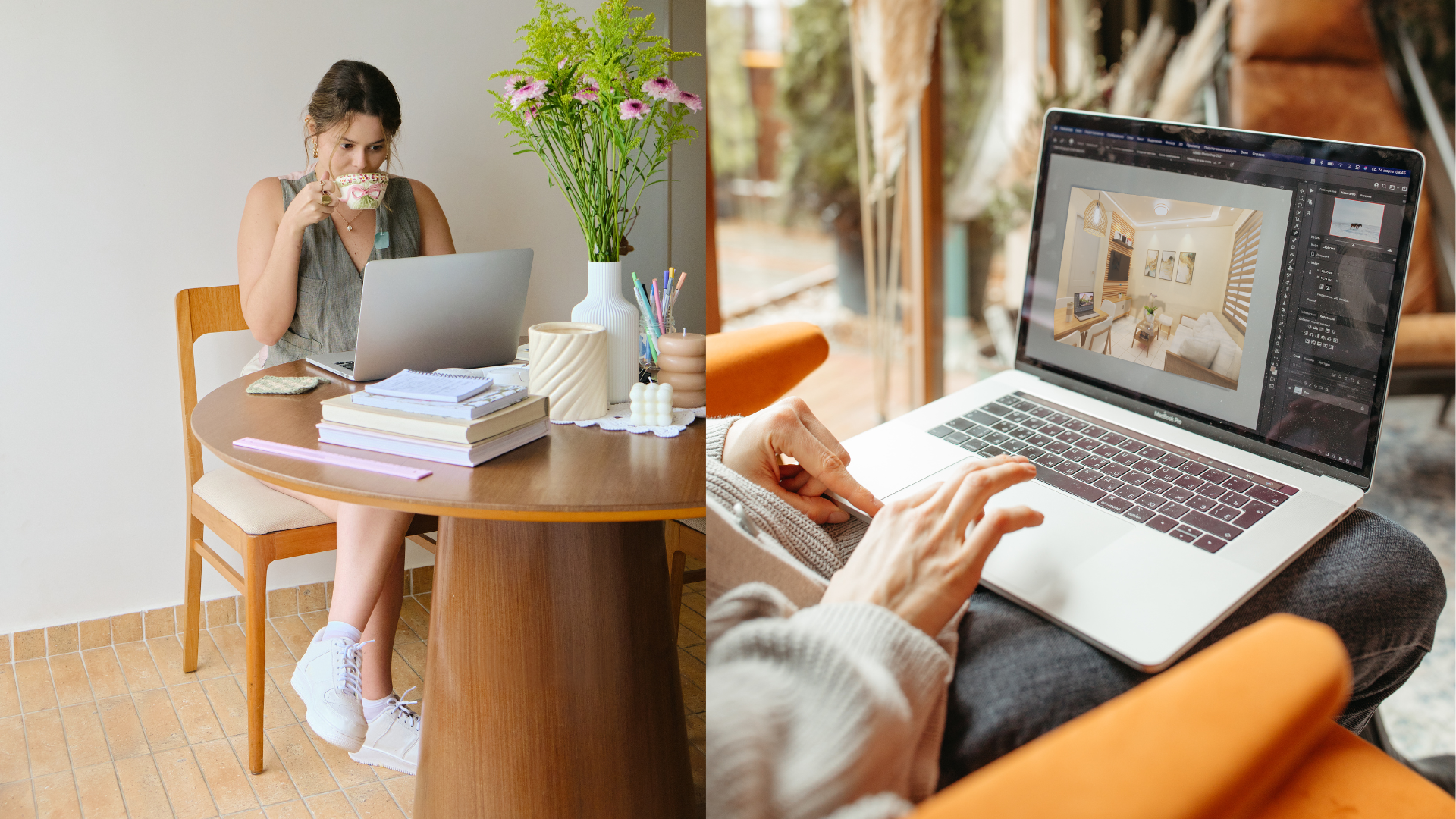 A professional editing setup with dual monitors displaying the editing process for a promotional video.