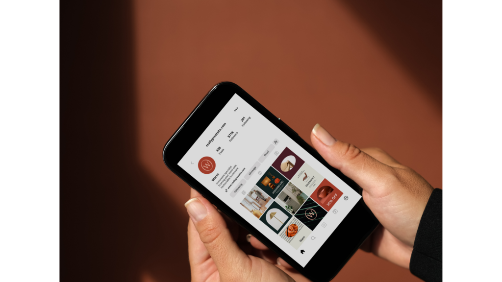 A smartphone displaying an Instagram profile with high-quality photos of a shoot location.