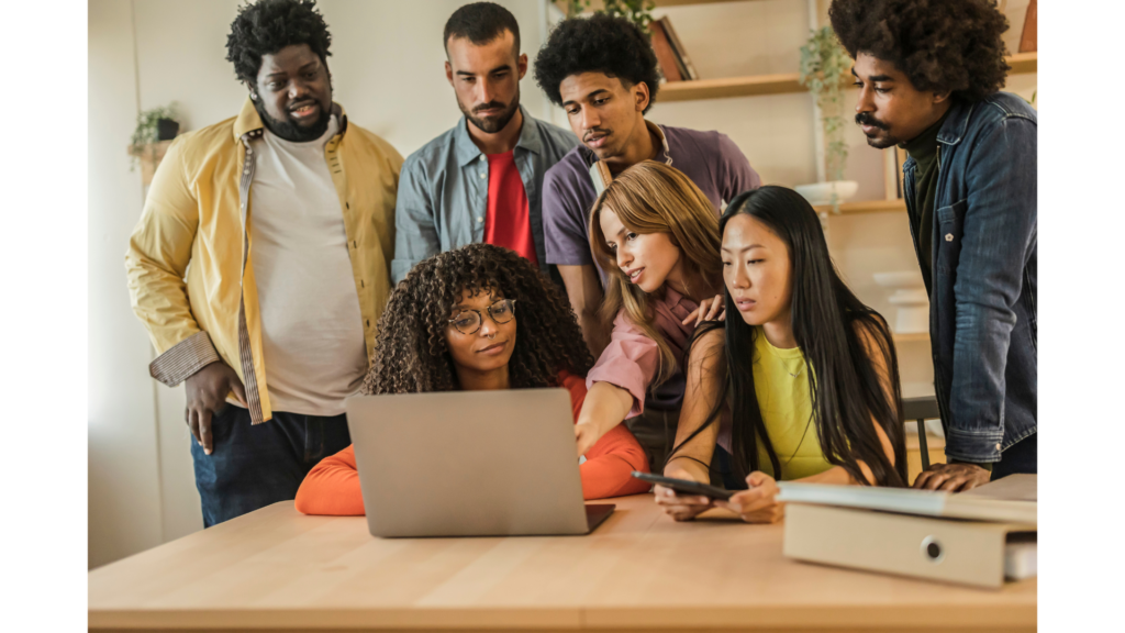 A professional event with people exchanging Linkedin profiles.